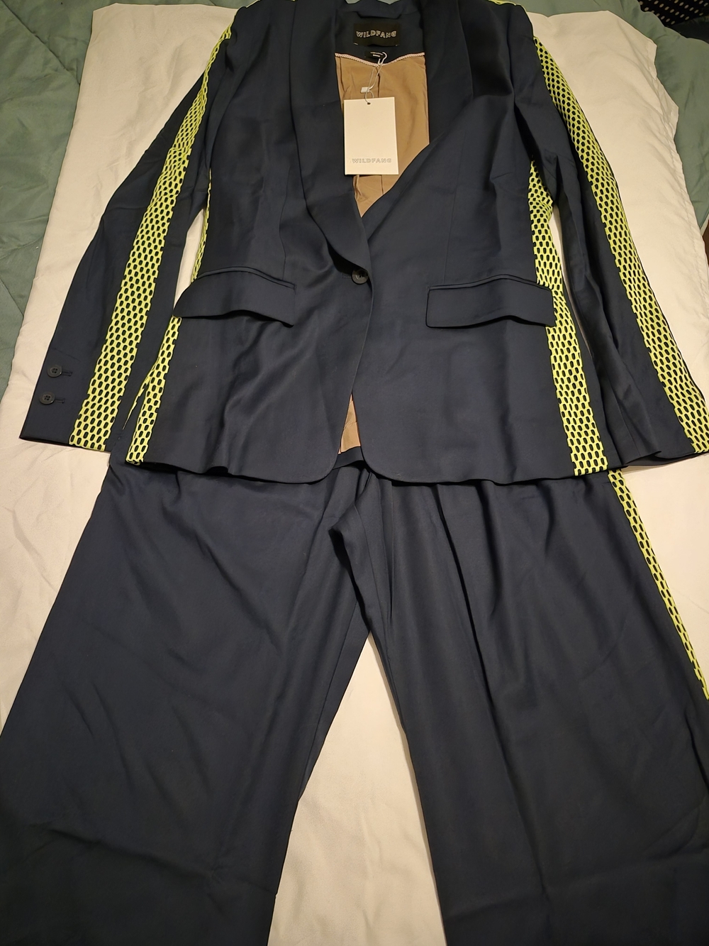 ✨️WILDFANG Navy Blazer & Trouser Set Neon Mesh Stripe Suit NWT Size Small/0✨️ - Picture 2 of 7